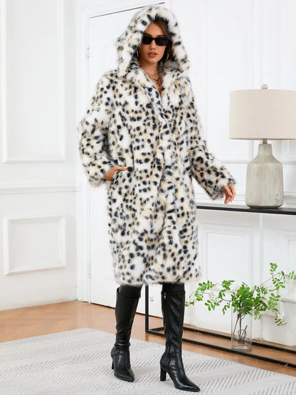 Maeve & Co Women's Faux Fur Jacket - Leopard Print Hooded Faux Fur Coat, White