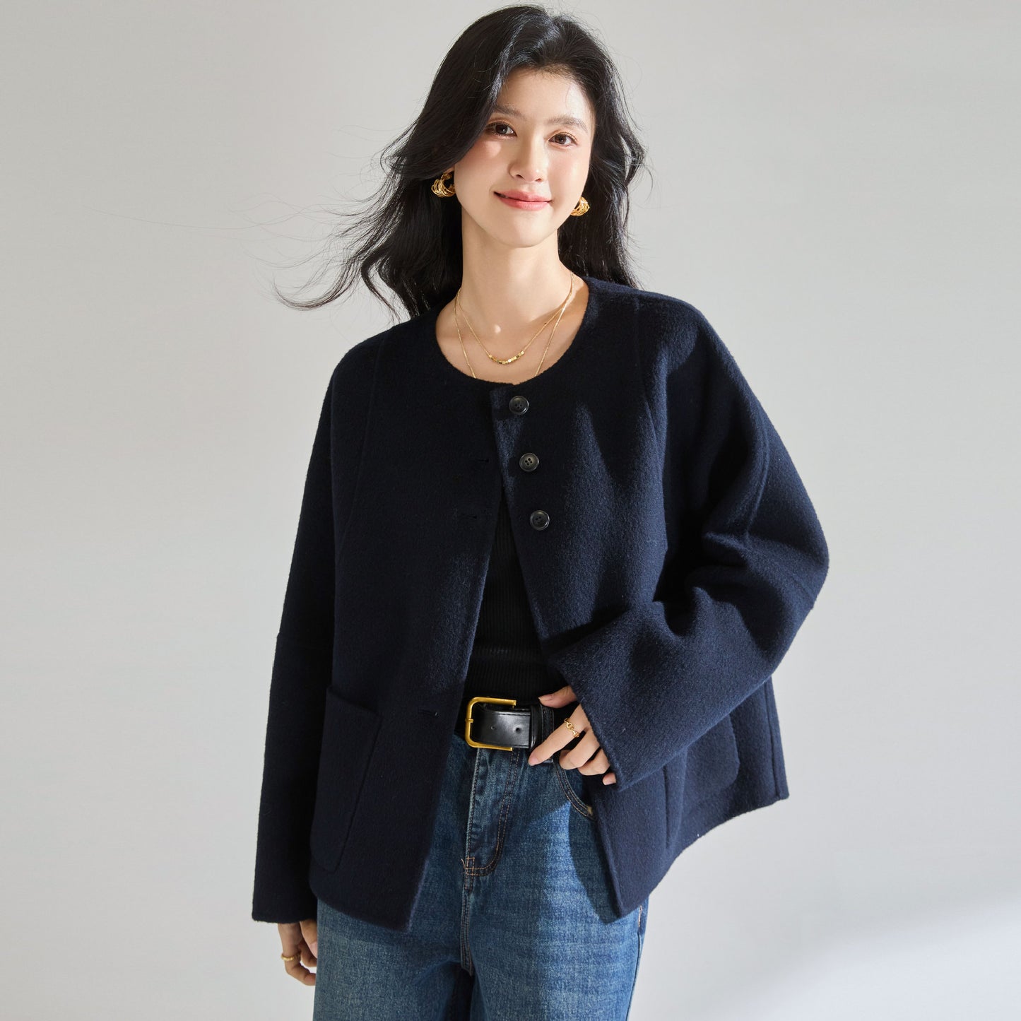 Maeve Women's Wool Coat - Single-Breasted Relaxed-Fit, Navy