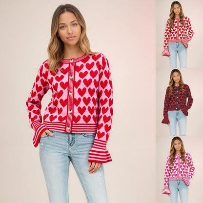 Maeve & Co Women's Heart Cardigan - Button-Front Crew Neck Knitted Cardigan, Colour Block