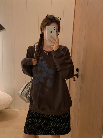 Maeve & Co Women's Floral Sweatshirt - Oversized Crew Neck Printed Pullover, Charcoal