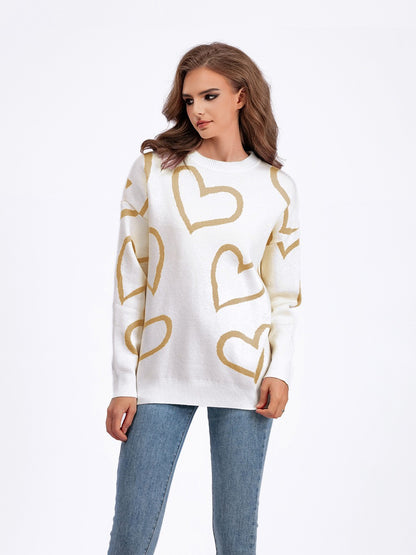 Maeve & Co Women's Heart Jumper - Crew Neck Loose Knit Pullover, Long Sleeve