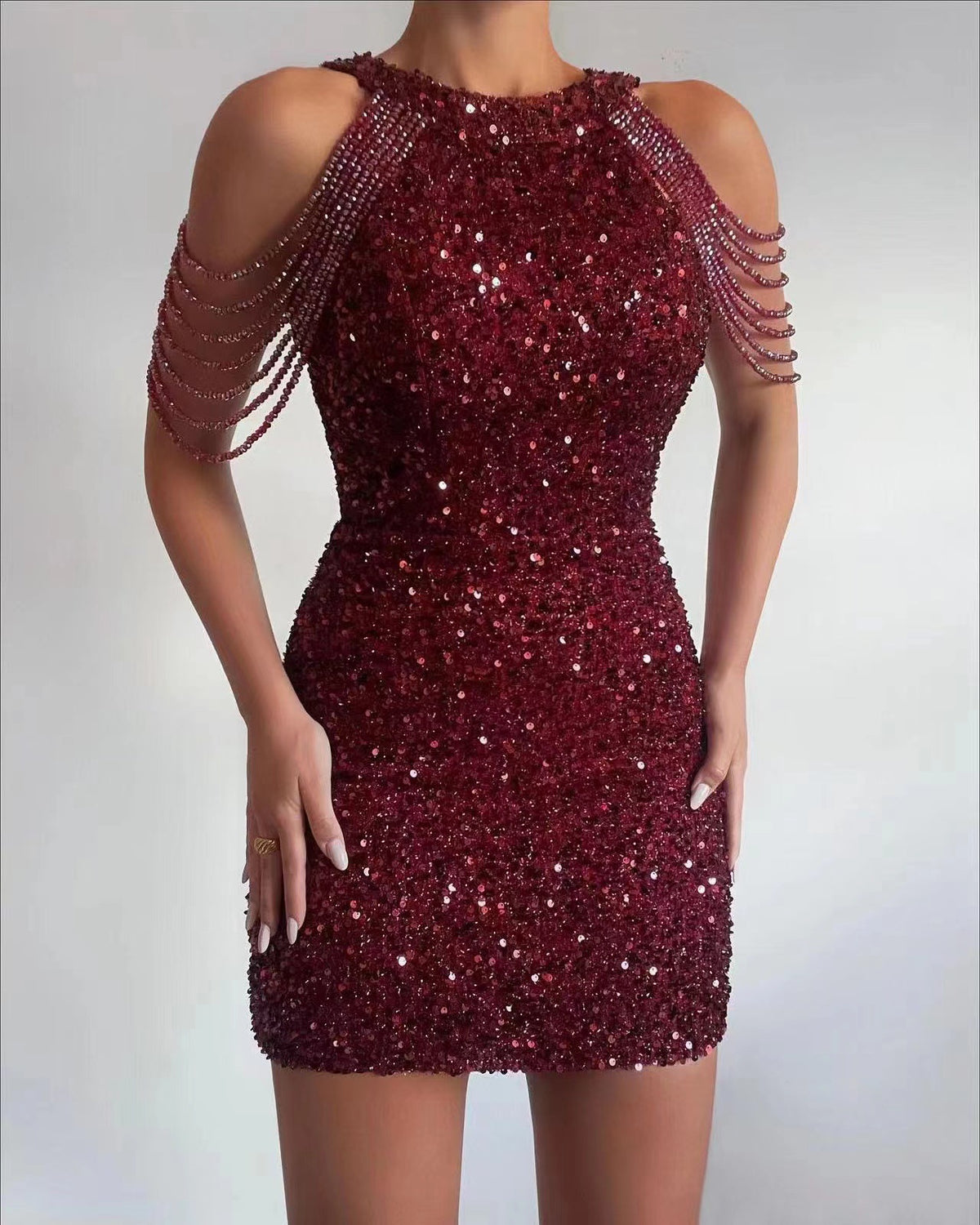 Maeve & Co Women's Sequin Midi Dress - Halter Neck Crystal Fringe Bodycon Party Dress