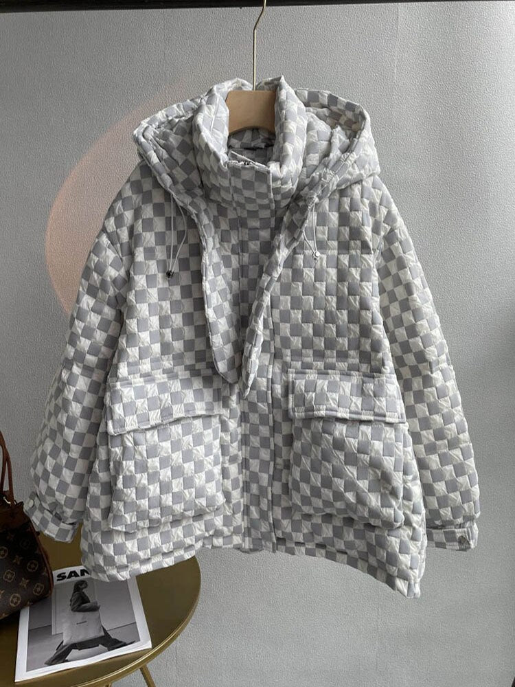 Maeve & Co Women's Puffer Jacket - Jacquard Check Hooded Zip-Up Short Padded Coat