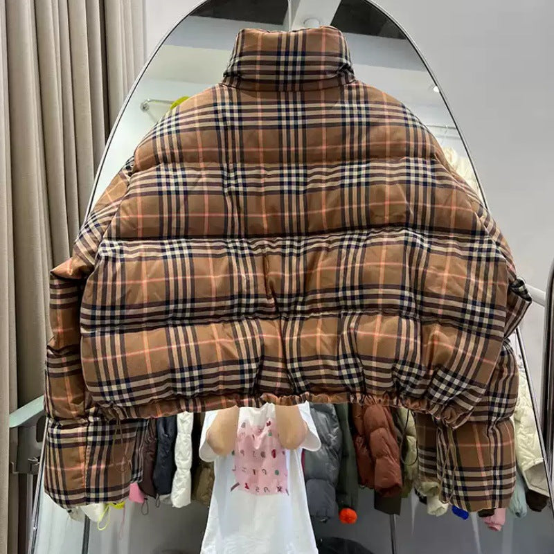 Maeve & Co Women's Puffer Jacket - Retro Check High Neck Short Padded Coat