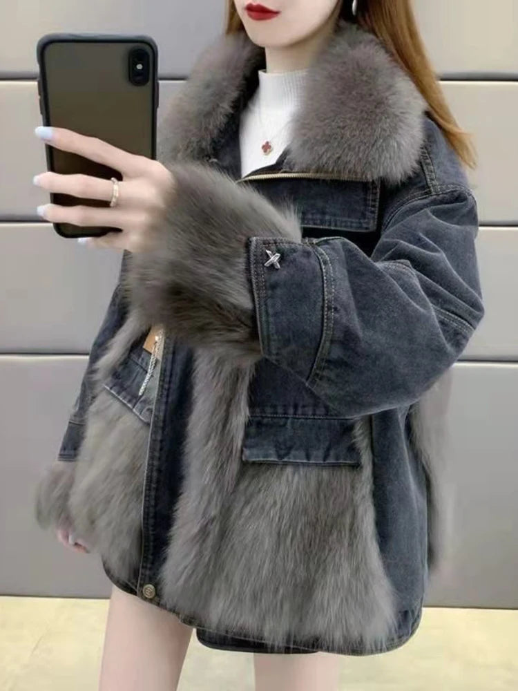Maeve & Co Women's Faux Fur Jacket - Denim Patchwork Faux Fox Fur Coat, Loose Fit, Black