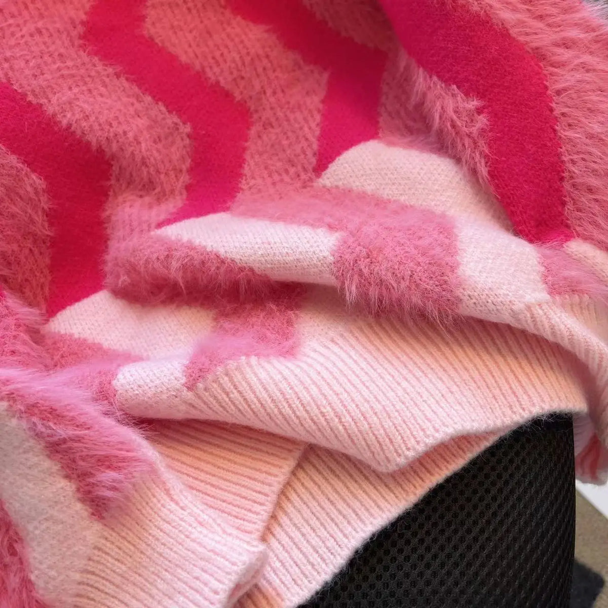 Maeve & Co Women's Fluffy Jumper - Wave Stripe Crew Neck Oversized Knit Pullover, Pink