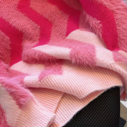 Maeve & Co Women's Fluffy Jumper - Wave Stripe Crew Neck Oversized Knit Pullover, Pink