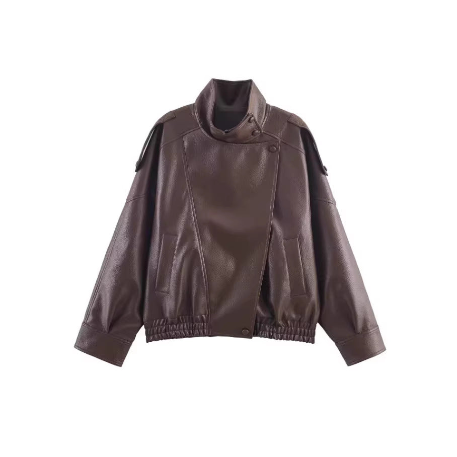 Maeve Women's Leather Jacket - High-Neck Vintage Long-Sleeve Autumn-Weight