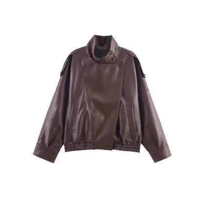 Maeve Women's Leather Jacket - High-Neck Vintage Long-Sleeve Autumn-Weight