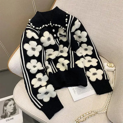 Maeve & Co Women's Embellished Jumper - Pearl Beaded Floral Knit Pullover, Long Sleeve, Black