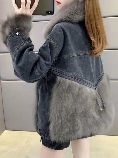 Maeve & Co Women's Faux Fur Jacket - Denim Patchwork Faux Fox Fur Coat, Loose Fit, Black