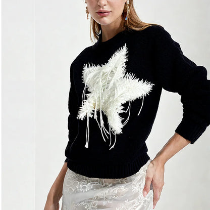 Maeve & Co Women's Star Jumper - Black & White Colour Block Knit Pullover, Long Sleeve