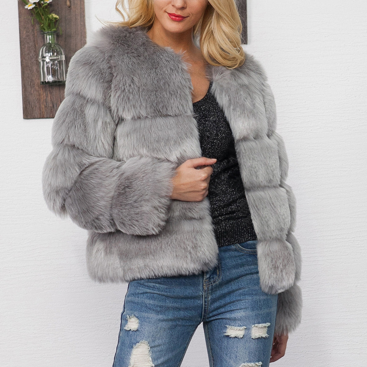 Maeve & Co Women's Faux Fur Coat - Crew Neck Fluffy Fur Jacket, Long Sleeve