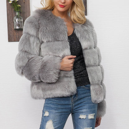 Maeve & Co Women's Faux Fur Coat - Crew Neck Fluffy Fur Jacket, Long Sleeve