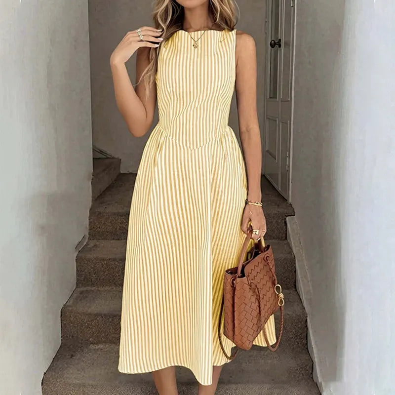 Women's Midi Dress Striped, Sleeveless, Square Neck, A-Line, Pocket