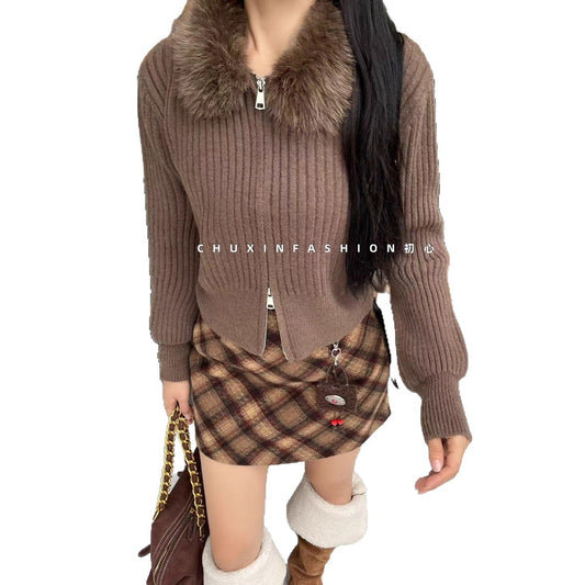 Maeve & Co Women's Cardigan Coat - Detachable Faux Fur Collar Zip-Up Knit Jacket