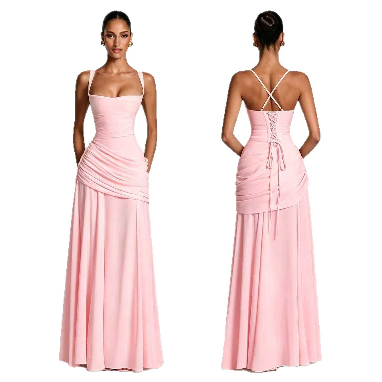 Women's Maxi Dress  Chiffon, Square Neck, Ruched Bodice, Lace-Up Back