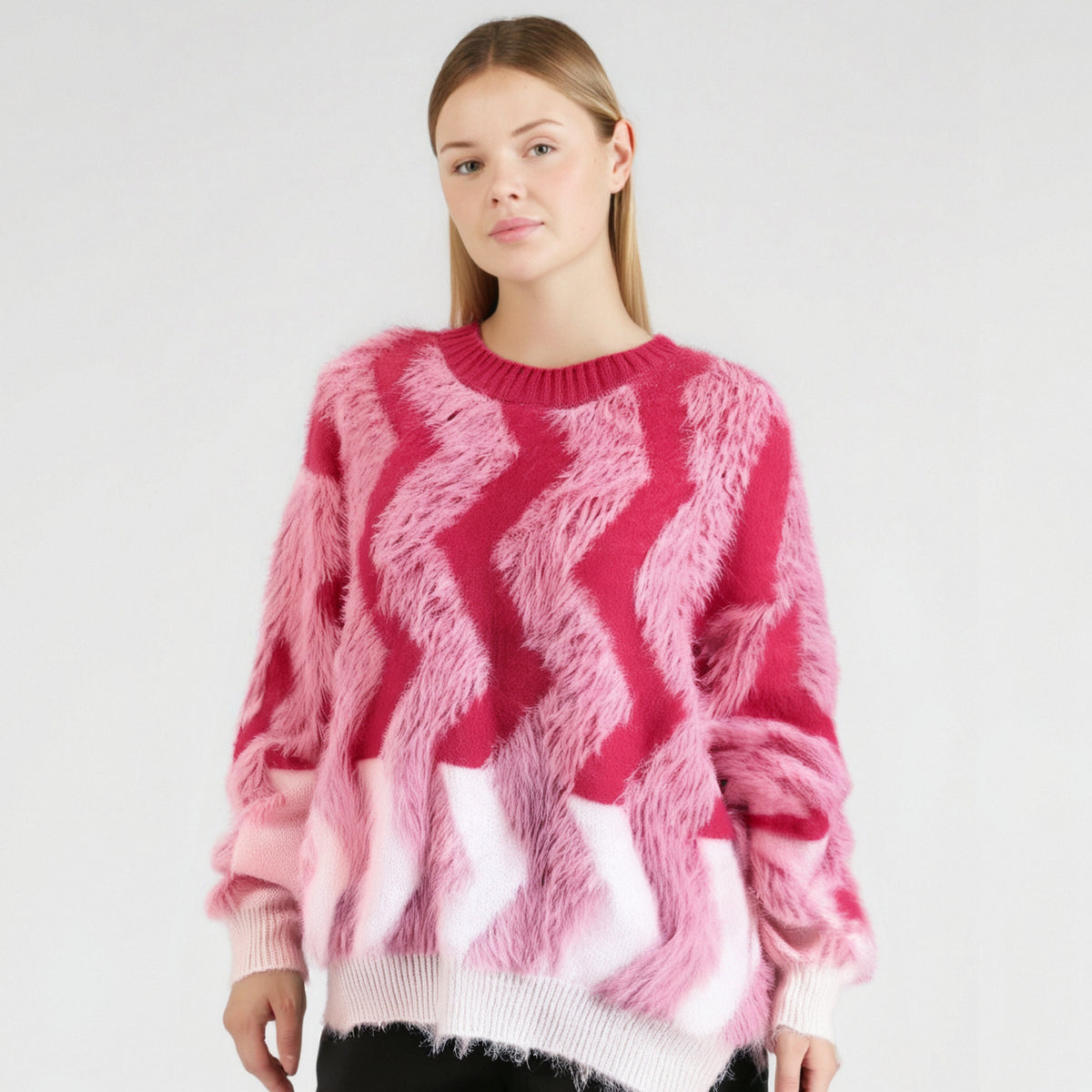 Maeve & Co Women's Fluffy Jumper - Wave Stripe Crew Neck Oversized Knit Pullover, Pink