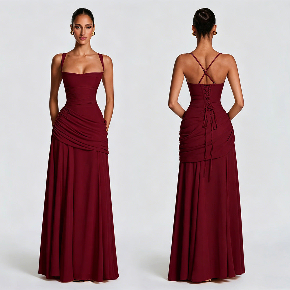 Women's Maxi Dress  Chiffon, Square Neck, Ruched Bodice, Lace-Up Back