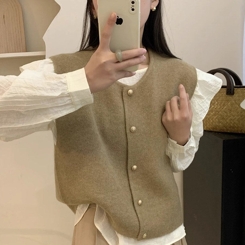 Maeve & Co Women's Knitted Waistcoat - Sleeveless Crew Neck Cardigan Vest