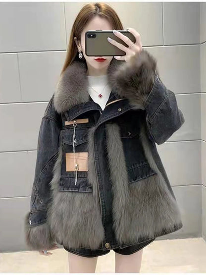 Maeve & Co Women's Faux Fur Jacket - Denim Patchwork Faux Fox Fur Coat, Loose Fit, Black
