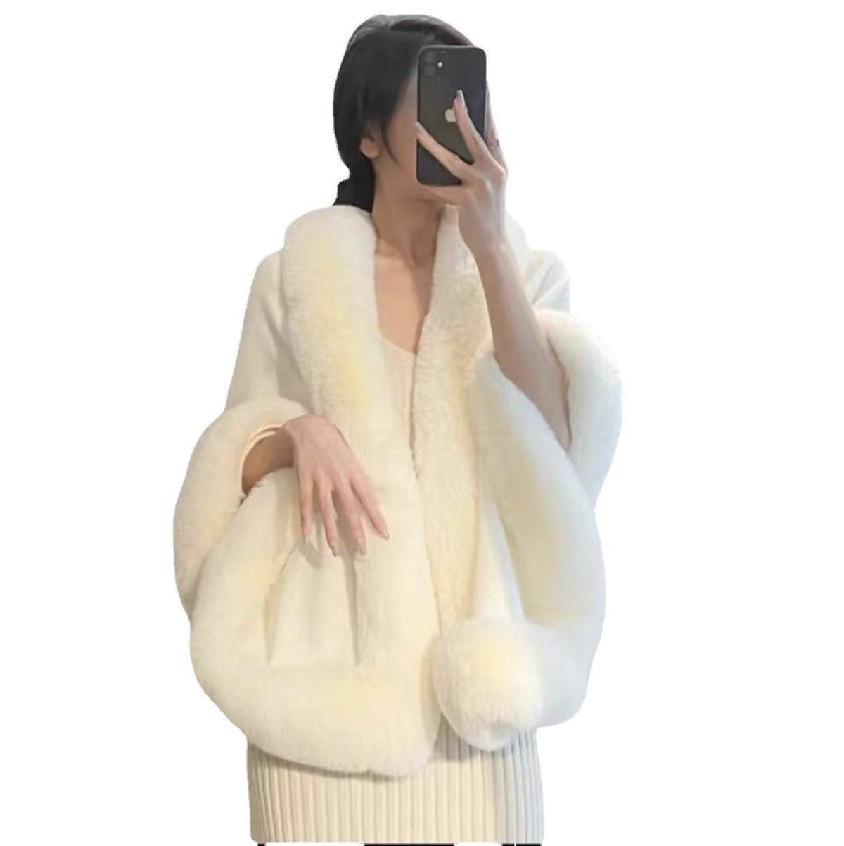 Maeve & Co Women's Faux Fur Trim Cape - Open-Front Poncho Coat