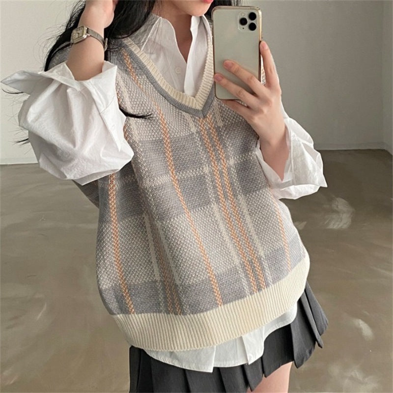 Maeve Women's Top - Check Knitted Long-Sleeve Relaxed-Fit Autumn-Weight