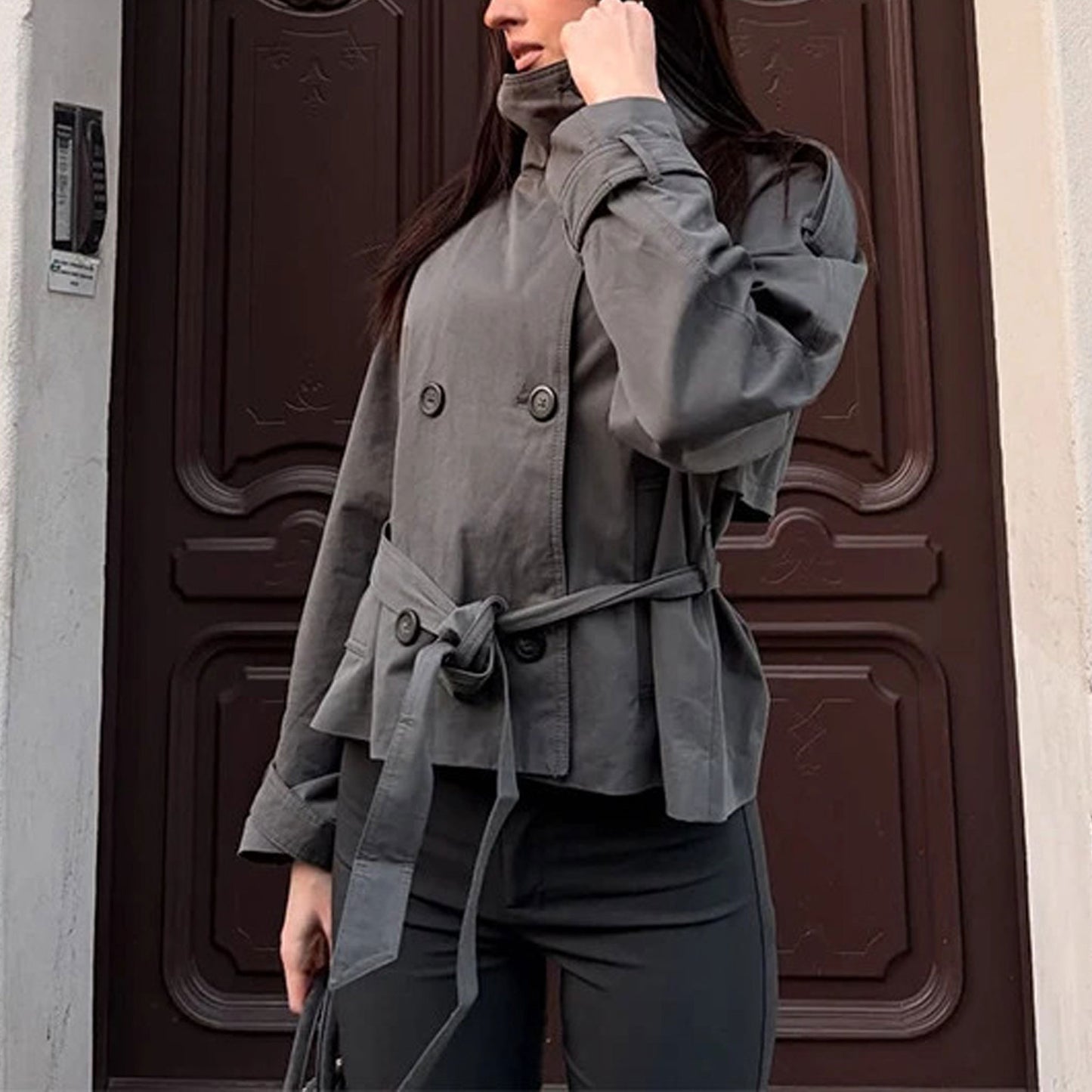Maeve Women's Trench Coat - Belted High-Neck Long-Sleeve Autumn-Weight