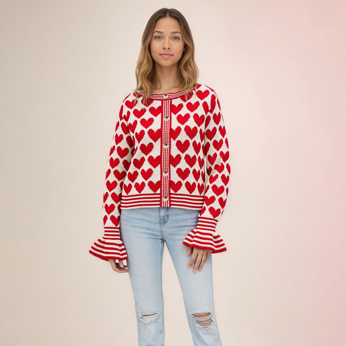Maeve & Co Women's Heart Cardigan - Button-Front Crew Neck Knitted Cardigan, Colour Block