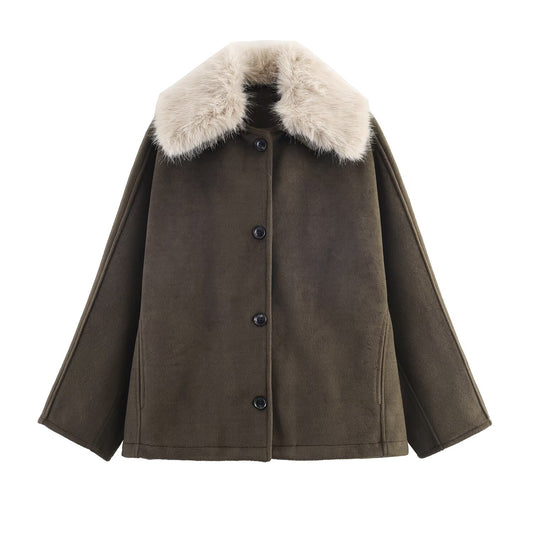 Maeve & Co Women's Faux Fur Collar Coat - Button-Front Short Winter Jacket, Olive Green