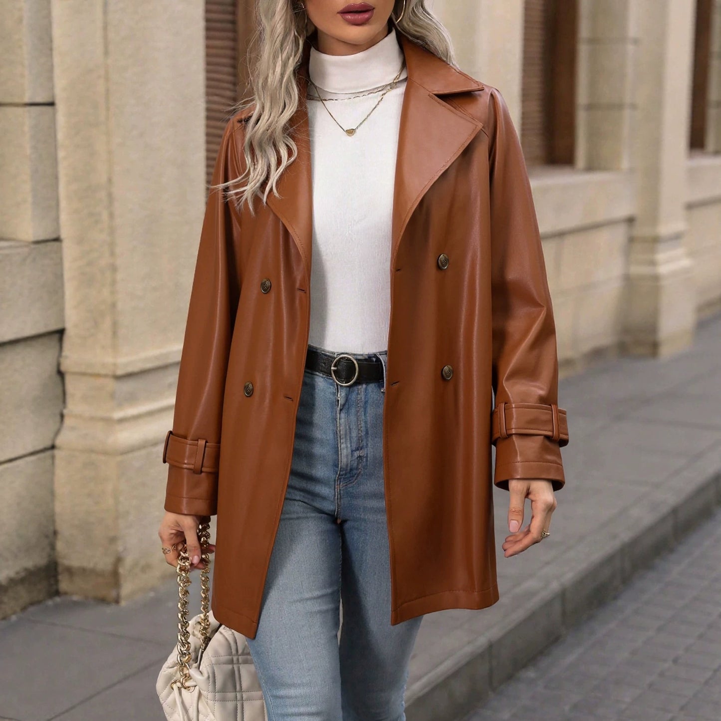 Maeve Women's Leather Jacket - Double-Breasted Lapel, Brown