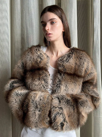 Maeve & Co Women's Faux Fur Coat - Striped Short Faux Mink Jacket, Relaxed Fit, Brown
