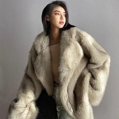 Maeve & Co Women's Faux Fur Jacket - Lapel Collar Fox-Style Plush Coat, Loose Fit