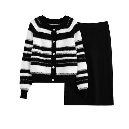 Maeve Women's Knitted Co-Ord Set - Striped Top & Midi Skirt