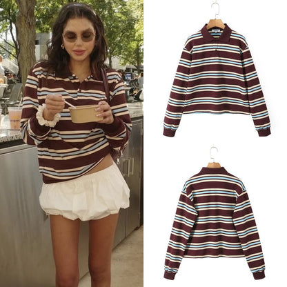 Maeve Women's Polo Collar Top - Two-Tone Striped Long-Sleeve