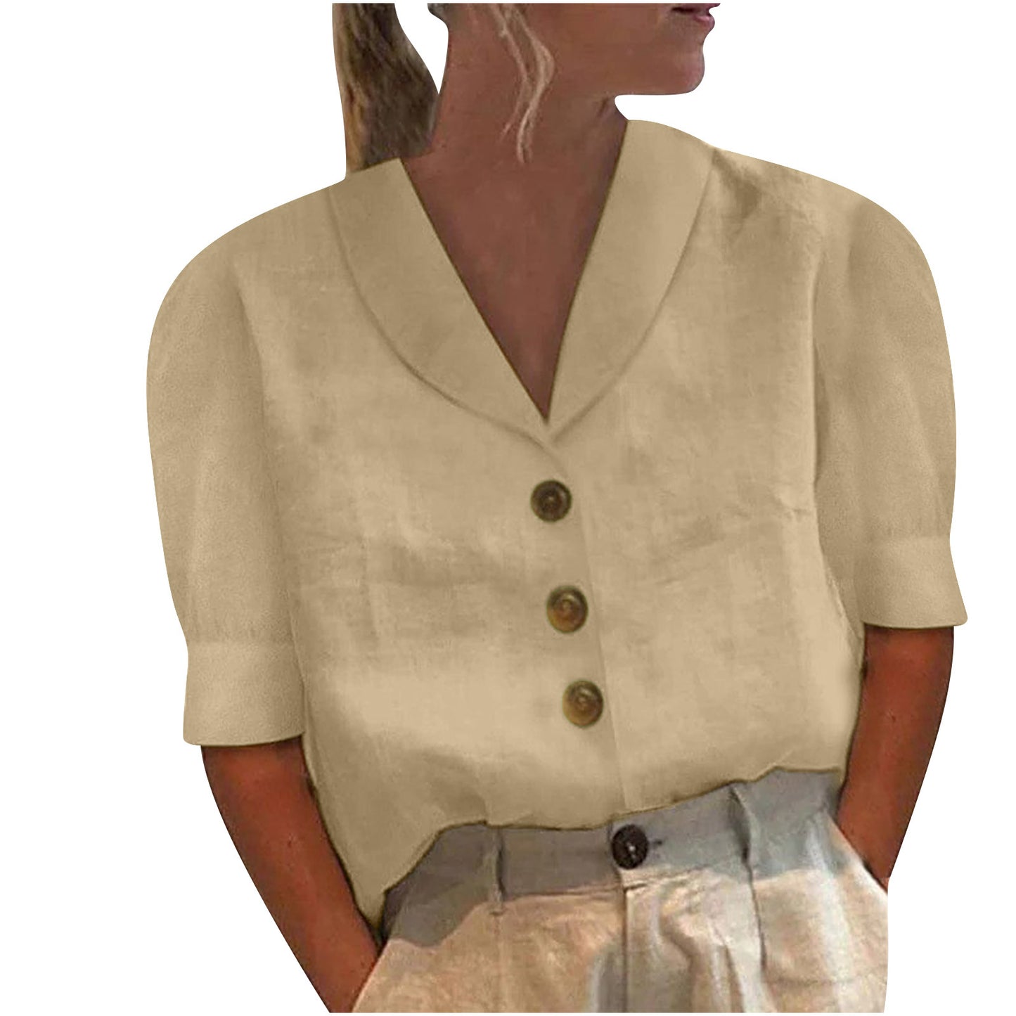 Women's Linen Blouse Cotton Linen, Lapel Collar, Button Front, Short Sleeve