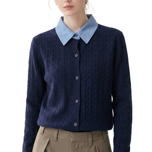 Maeve & Co Women's Collared Cardigan - Contrast Lapel Knitted Cardigan, Long Sleeve, Plus Size