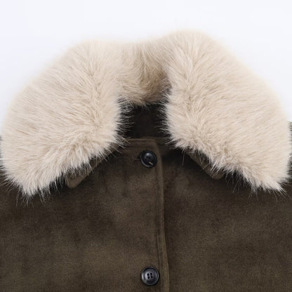 Maeve & Co Women's Faux Fur Collar Coat - Button-Front Short Winter Jacket, Olive Green