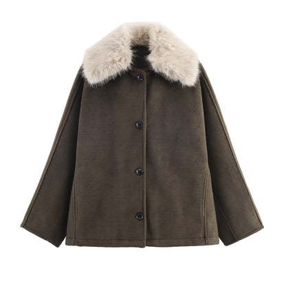 Maeve & Co Women's Faux Fur Collar Coat - Button-Front Short Winter Jacket, Olive Green
