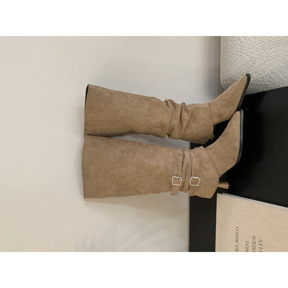 Maeve Women's Knee-High Slouch Boots - Suede-Effect Buckle, Pointed