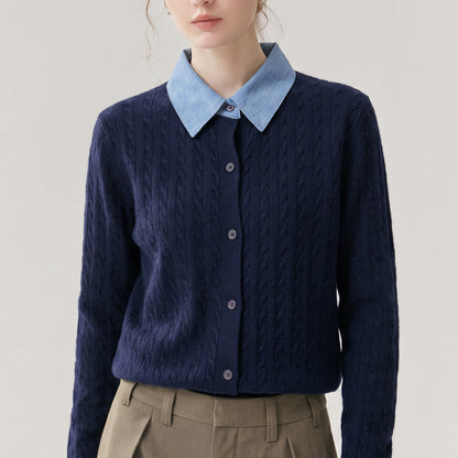 Maeve & Co Women's Collared Cardigan - Contrast Lapel Knitted Cardigan, Long Sleeve, Plus Size