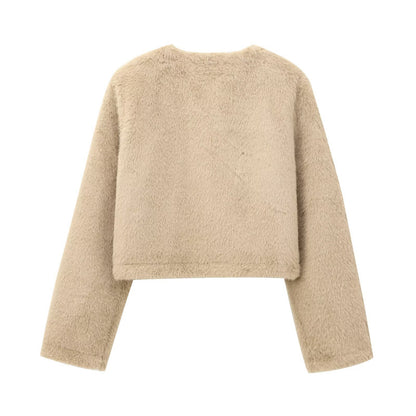 Maeve & Co Women's Faux Fur Jacket - Collarless Button-Front Short Jacket, Beige
