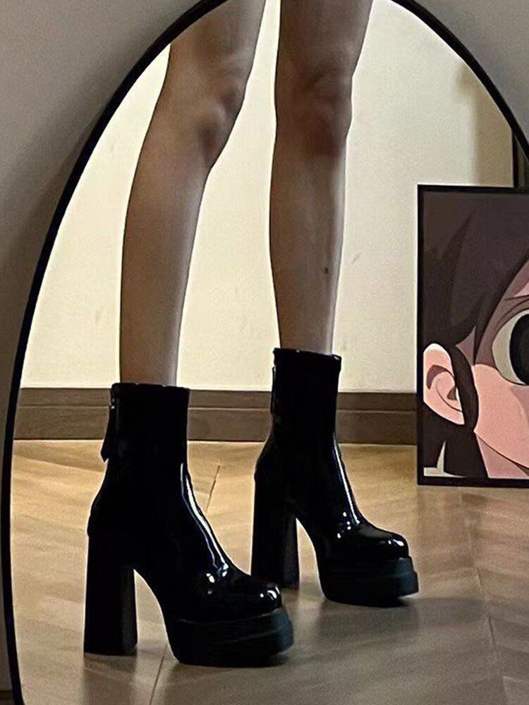 Maeve Women's Platform Ankle Boots - Patent Block-Heel, Black