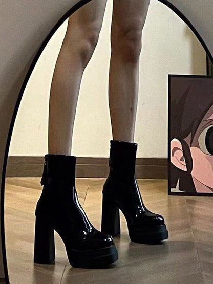 Maeve Women's Platform Ankle Boots - Patent Block-Heel, Black