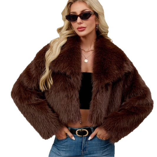 Maeve & Co Women's Faux Fur Jacket - Wide Collar Short Fur Coat with Pockets