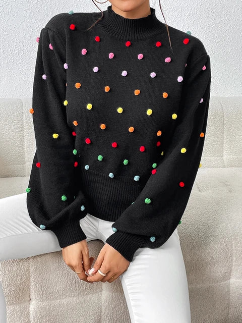 Maeve & Co Women's Pom-Pom Jumper - Multicolour Bobble Knit Pullover, Long Sleeve