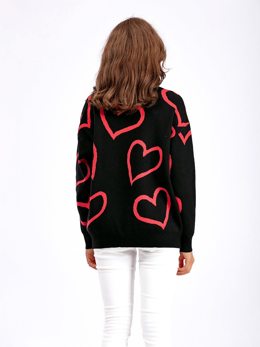 Maeve & Co Women's Heart Jumper - Crew Neck Loose Knit Pullover, Long Sleeve