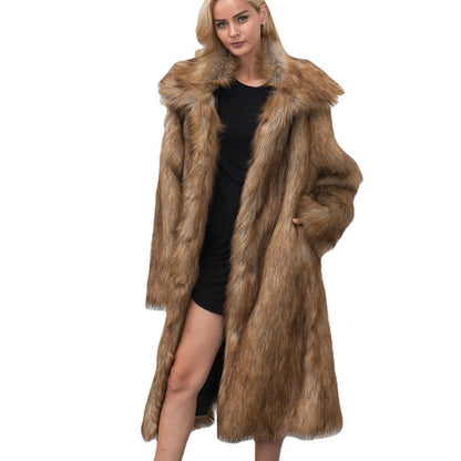 Maeve & Co Women's Faux Fur Coat - Longline Lapel Collar Fur Coat, Long Sleeve