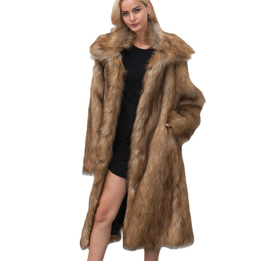Maeve & Co Women's Faux Fur Coat - Longline Lapel Collar Fur Coat, Long Sleeve