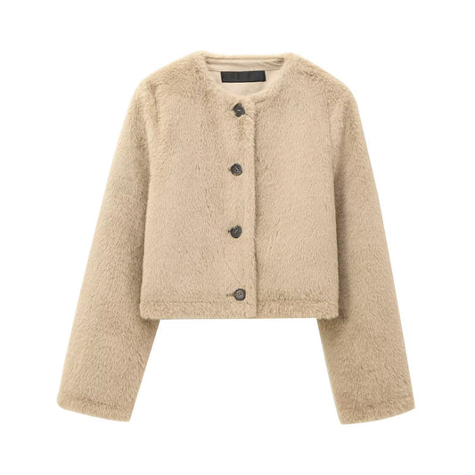 Maeve & Co Women's Faux Fur Jacket - Collarless Button-Front Short Jacket, Beige